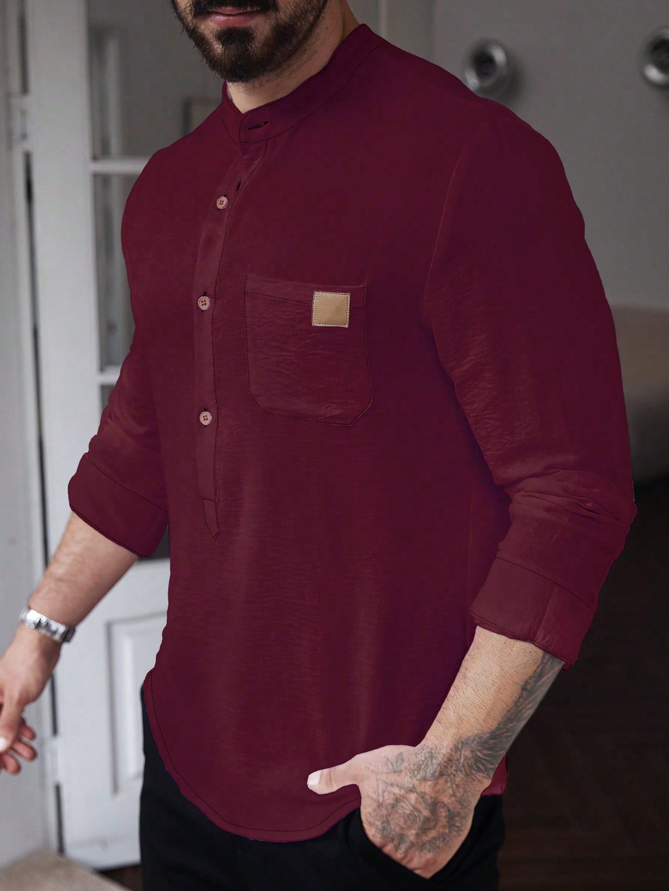 Manfinity CasualCool Men's Solid Color Plain Front Button Long Sleeve Pocket Simple Casual Shirt,White Button Up, For Going Out