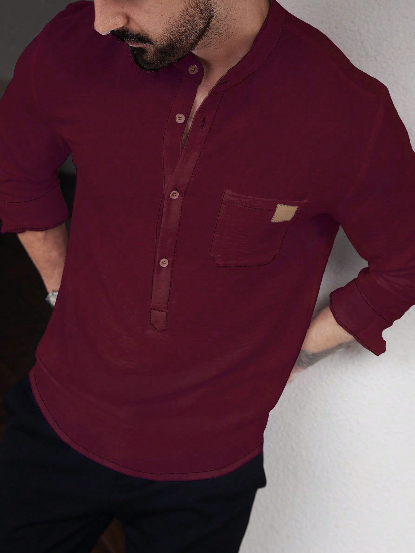 Manfinity CasualCool Men's Solid Color Plain Front Button Long Sleeve Pocket Simple Casual Shirt,White Button Up, For Going Out