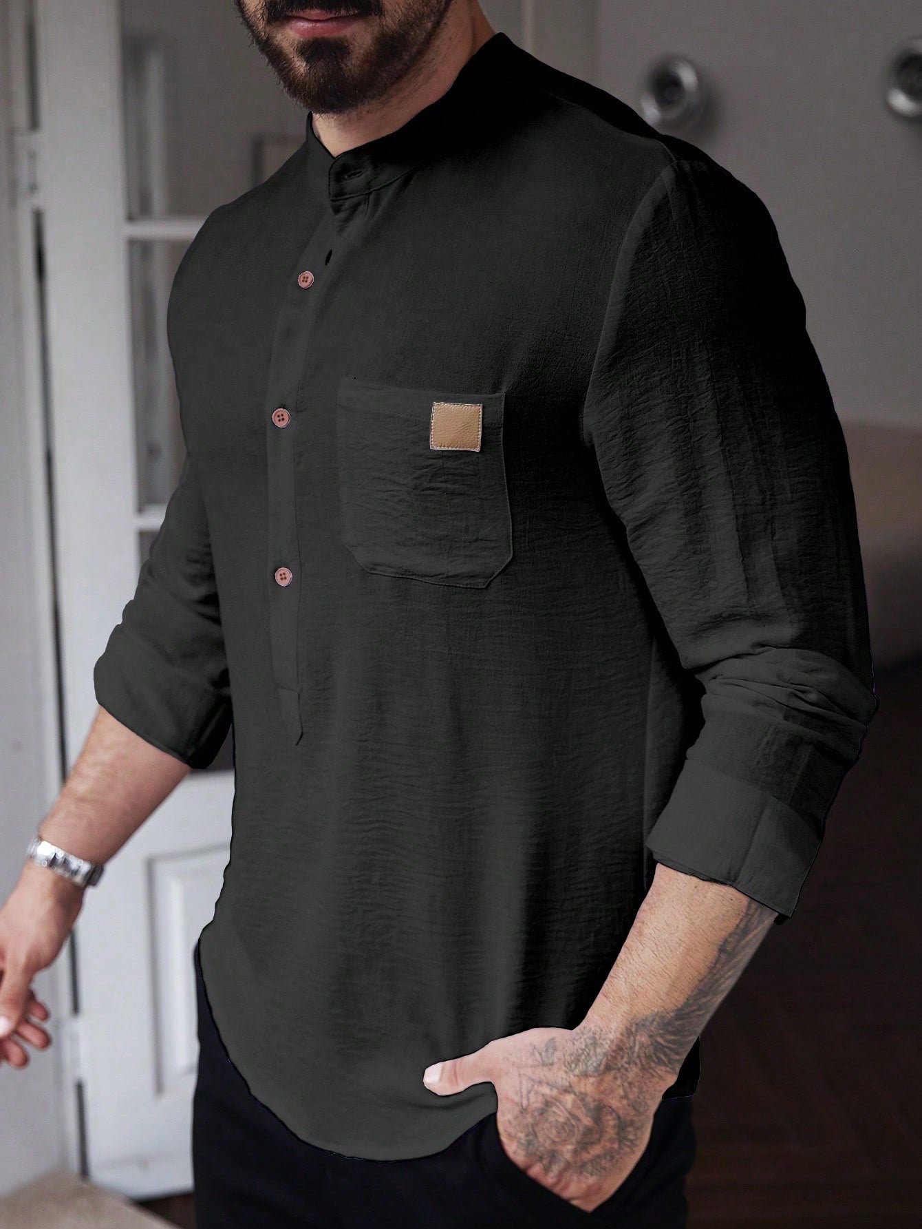 Manfinity CasualCool Men's Solid Color Plain Front Button Long Sleeve Pocket Simple Casual Shirt,White Button Up, For Going Out