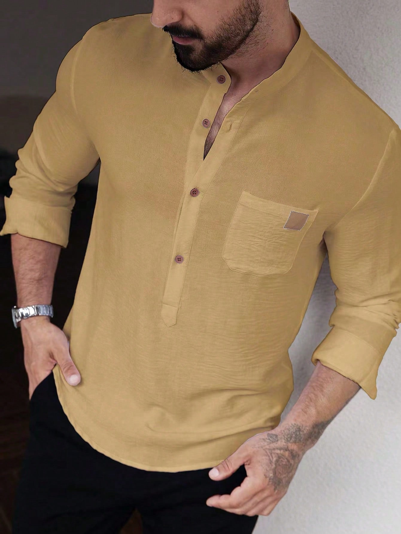 Manfinity CasualCool Men's Solid Color Plain Front Button Long Sleeve Pocket Simple Casual Shirt,White Button Up, For Going Out