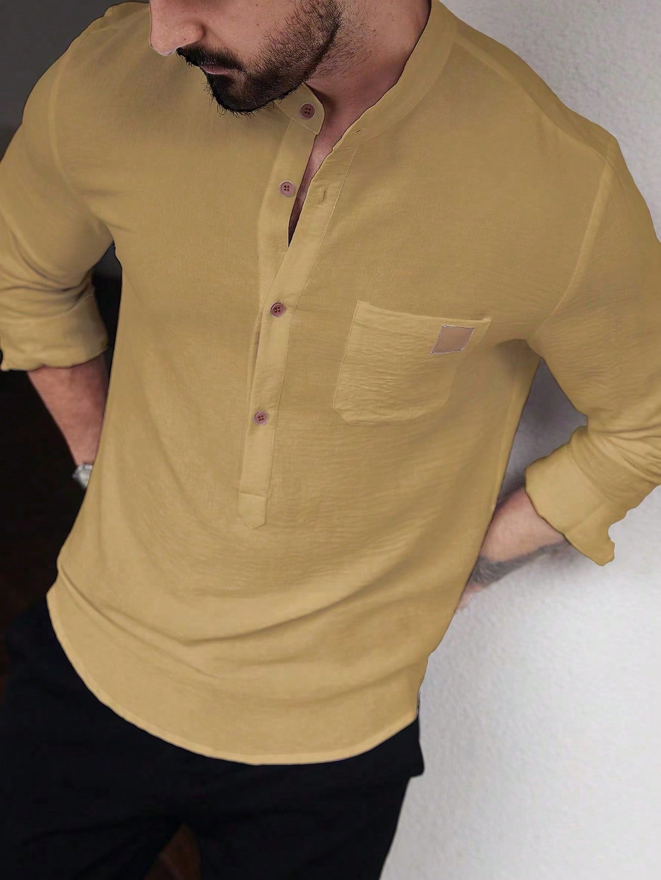 Manfinity CasualCool Men's Solid Color Plain Front Button Long Sleeve Pocket Simple Casual Shirt,White Button Up, For Going Out