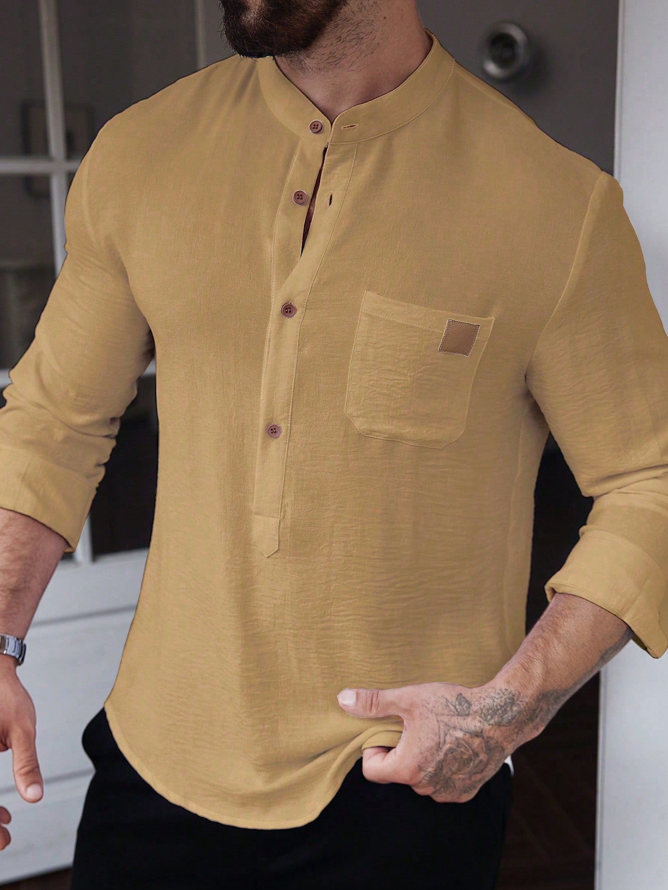 Manfinity CasualCool Men's Solid Color Plain Front Button Long Sleeve Pocket Simple Casual Shirt,White Button Up, For Going Out