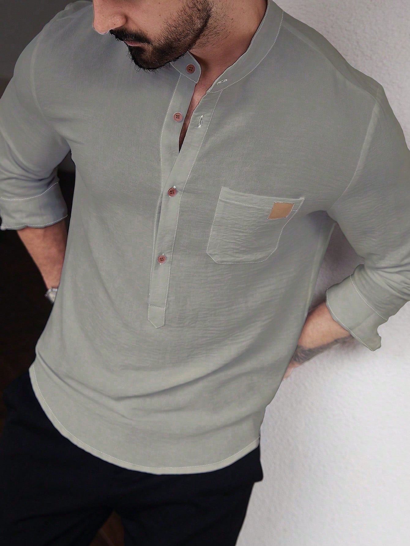 Manfinity CasualCool Men's Solid Color Plain Front Button Long Sleeve Pocket Simple Casual Shirt,White Button Up, For Going Out