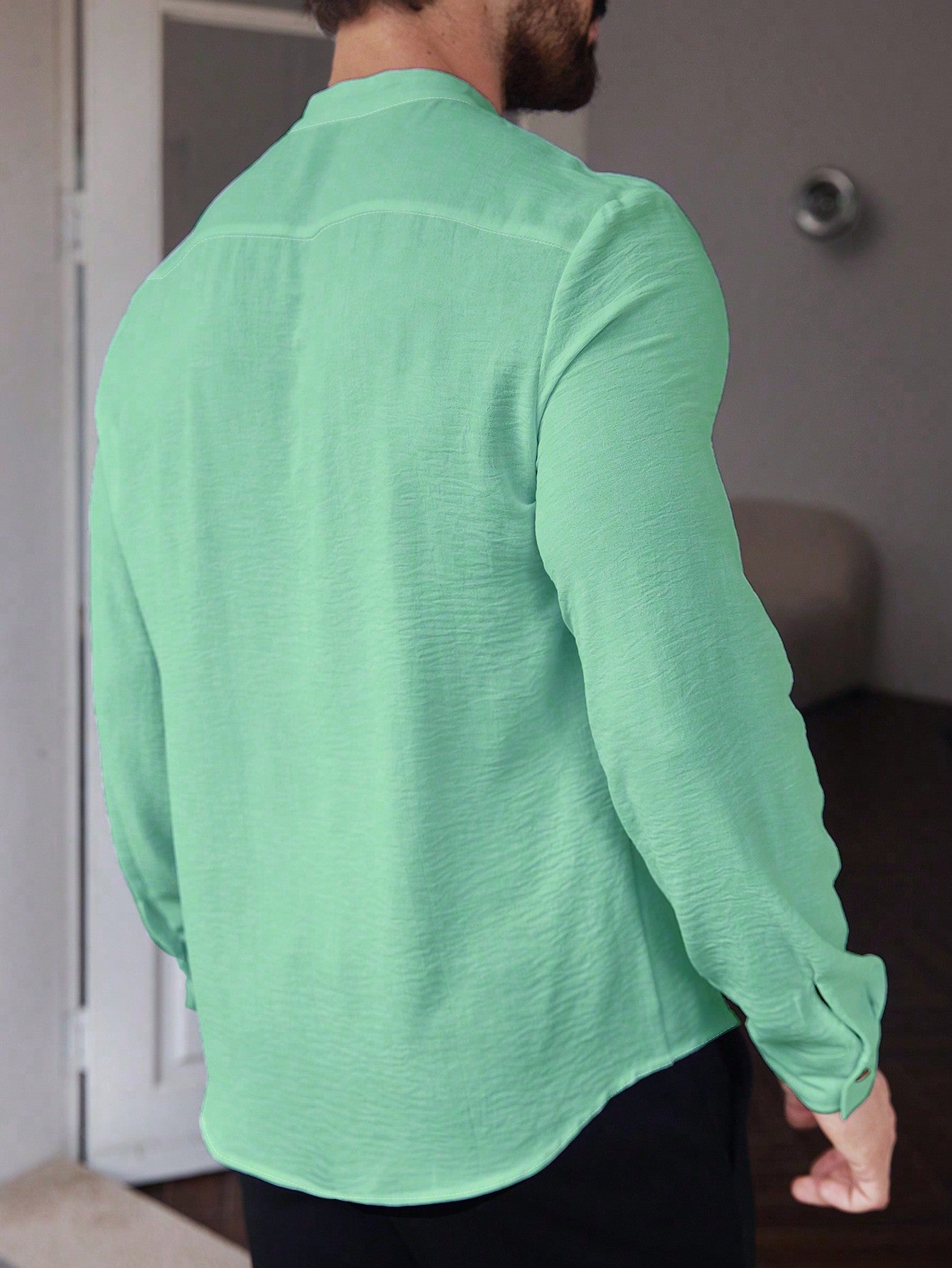 Manfinity CasualCool Men's Solid Color Plain Front Button Long Sleeve Pocket Simple Casual Shirt,White Button Up, For Going Out