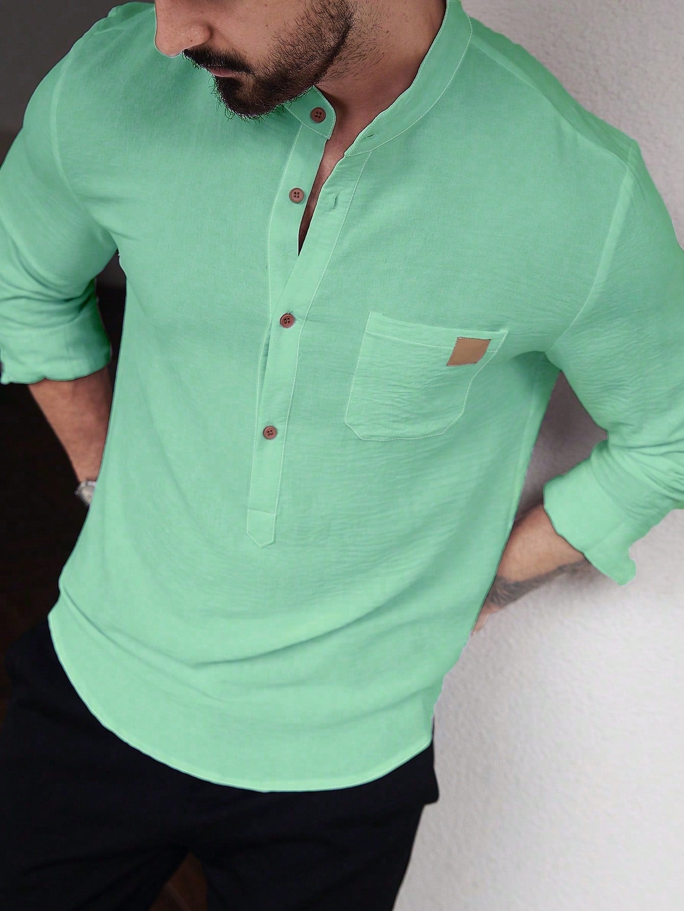 Manfinity CasualCool Men's Solid Color Plain Front Button Long Sleeve Pocket Simple Casual Shirt,White Button Up, For Going Out