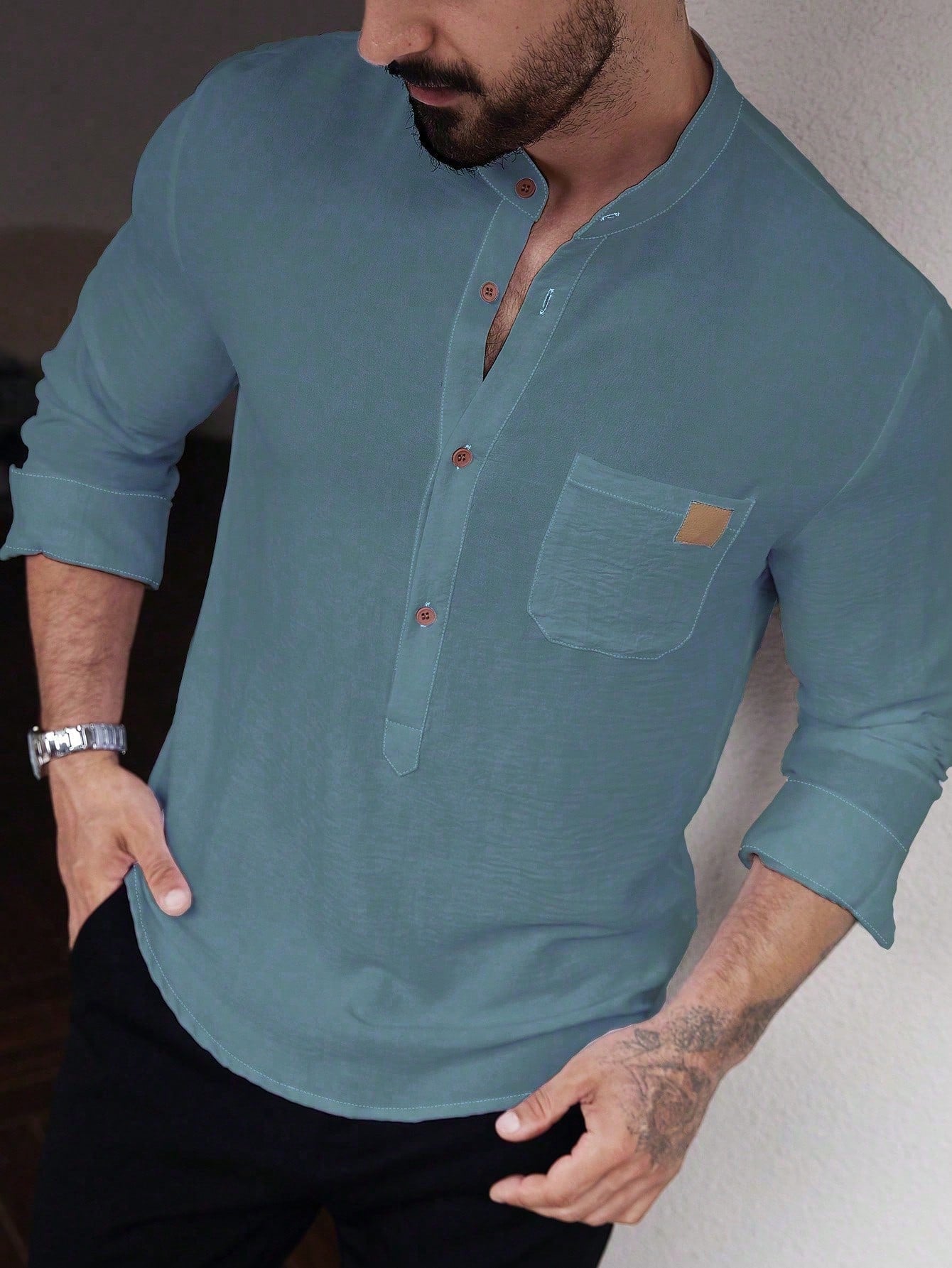 Manfinity CasualCool Men's Solid Color Plain Front Button Long Sleeve Pocket Simple Casual Shirt,White Button Up, For Going Out