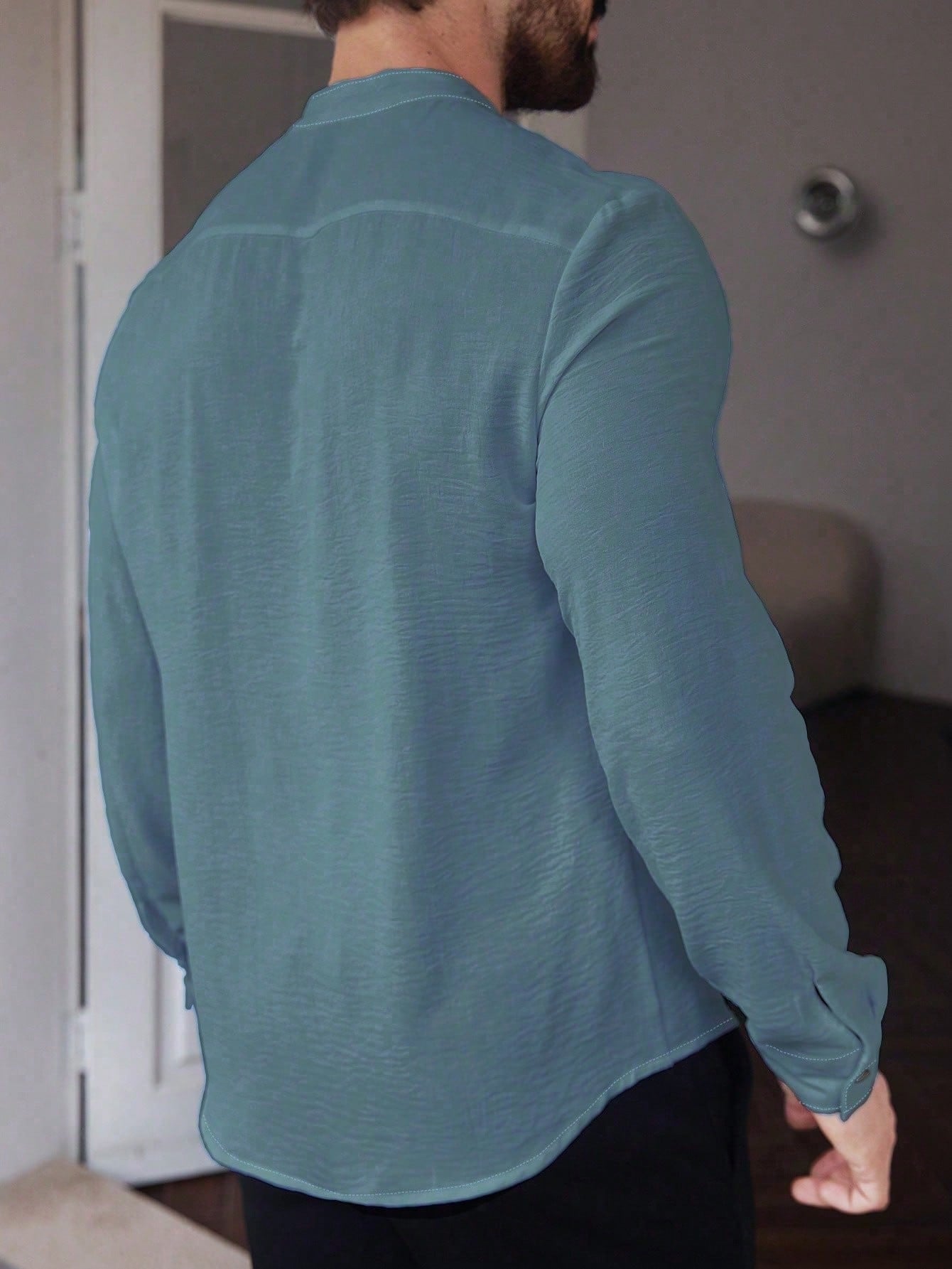 Manfinity CasualCool Men's Solid Color Plain Front Button Long Sleeve Pocket Simple Casual Shirt,White Button Up, For Going Out