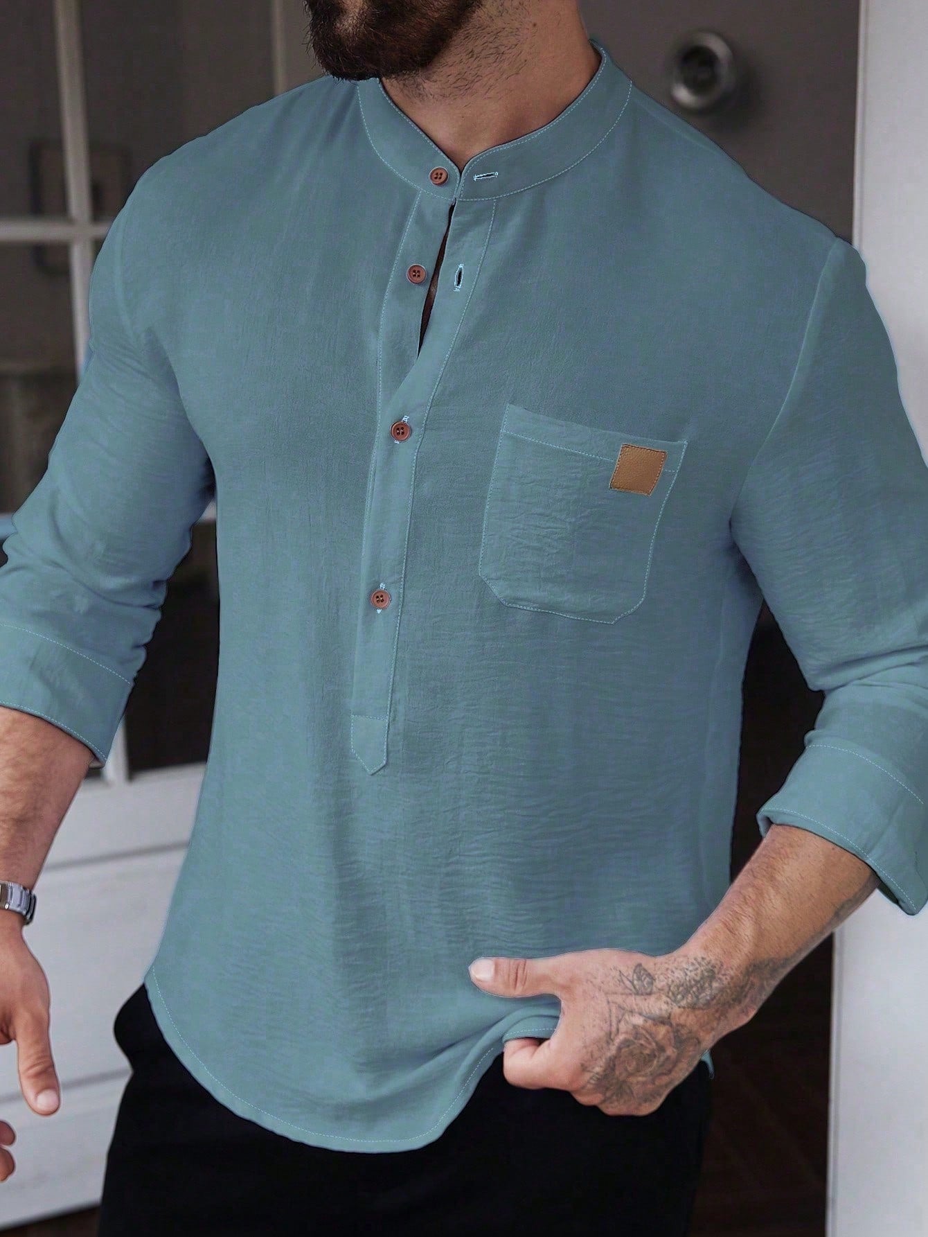 Manfinity CasualCool Men's Solid Color Plain Front Button Long Sleeve Pocket Simple Casual Shirt,White Button Up, For Going Out