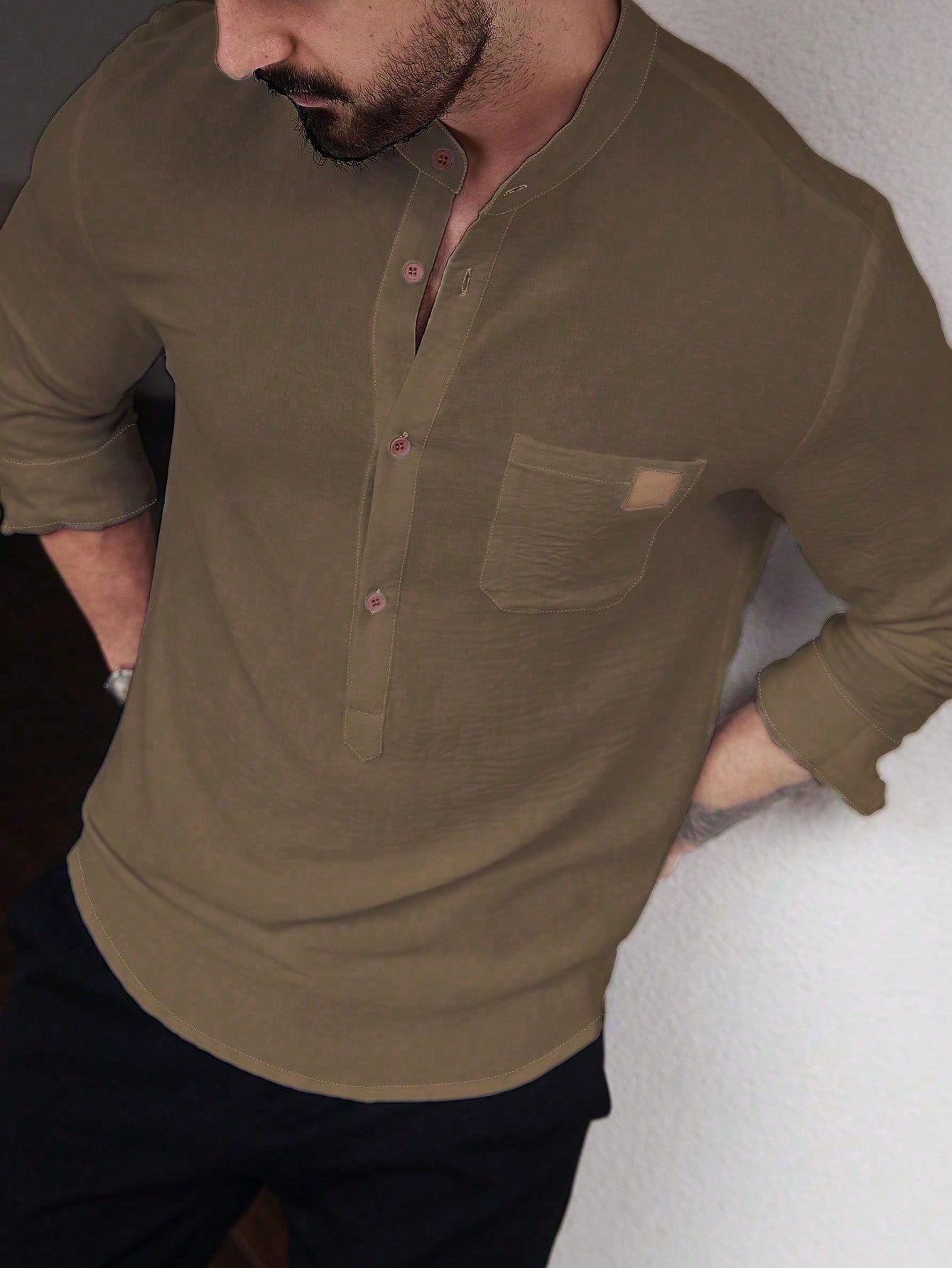 Manfinity CasualCool Men's Solid Color Plain Front Button Long Sleeve Pocket Simple Casual Shirt,White Button Up, For Going Out