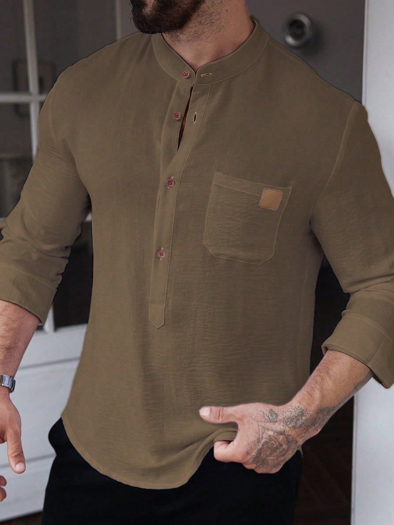 Manfinity CasualCool Men's Solid Color Plain Front Button Long Sleeve Pocket Simple Casual Shirt,White Button Up, For Going Out