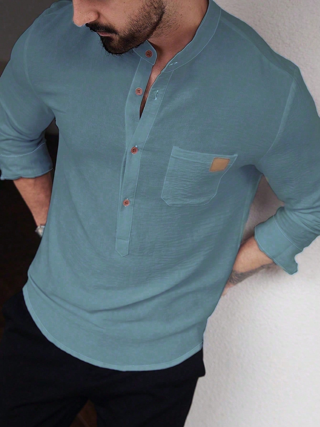 Manfinity CasualCool Men's Solid Color Plain Front Button Long Sleeve Pocket Simple Casual Shirt,White Button Up, For Going Out