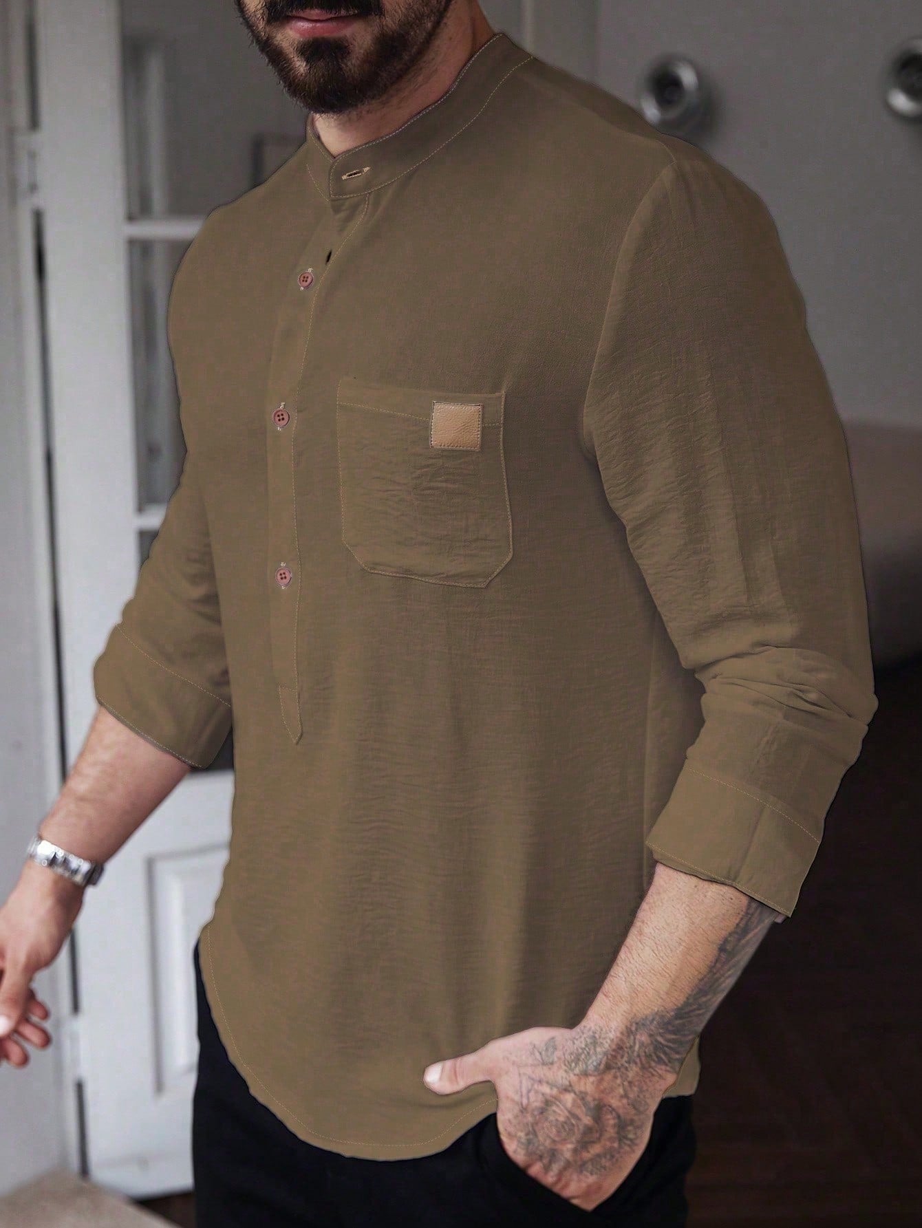 Manfinity CasualCool Men's Solid Color Plain Front Button Long Sleeve Pocket Simple Casual Shirt,White Button Up, For Going Out