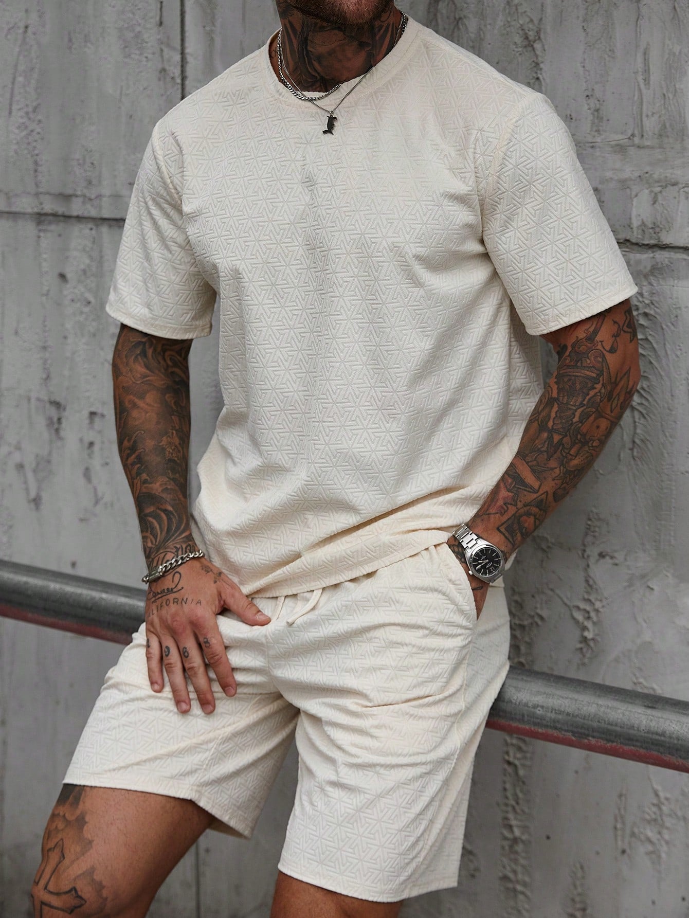 Manfinity CasualCool Men's Solid Color Short Sleeve Round Neck T-Shirt And Shorts Set, Fashionable For Summer White Suit Men Men Clothes Men T Shirt Co Ords