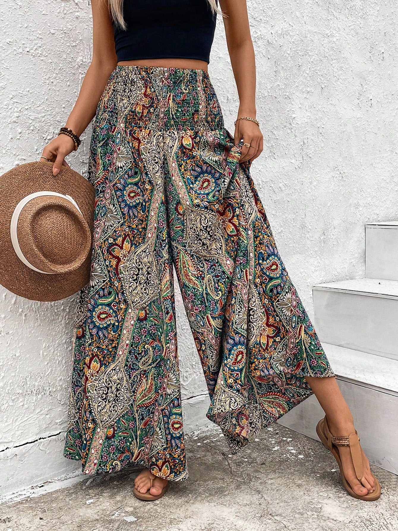 SHEIN PETITE Women's Holiday Cashew Print Loose Wide Leg Trousers