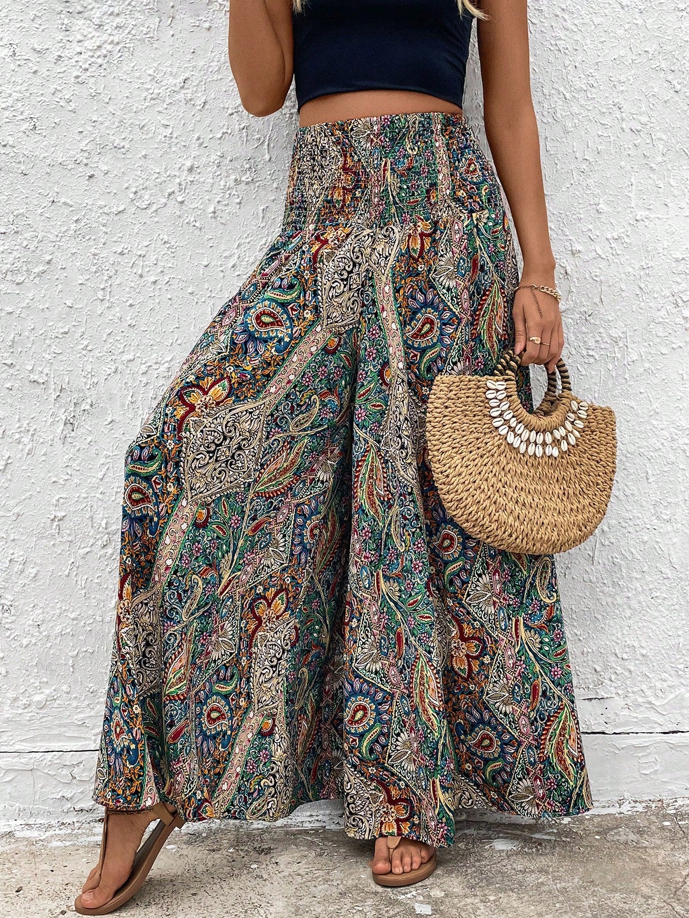 SHEIN PETITE Women's Holiday Cashew Print Loose Wide Leg Trousers