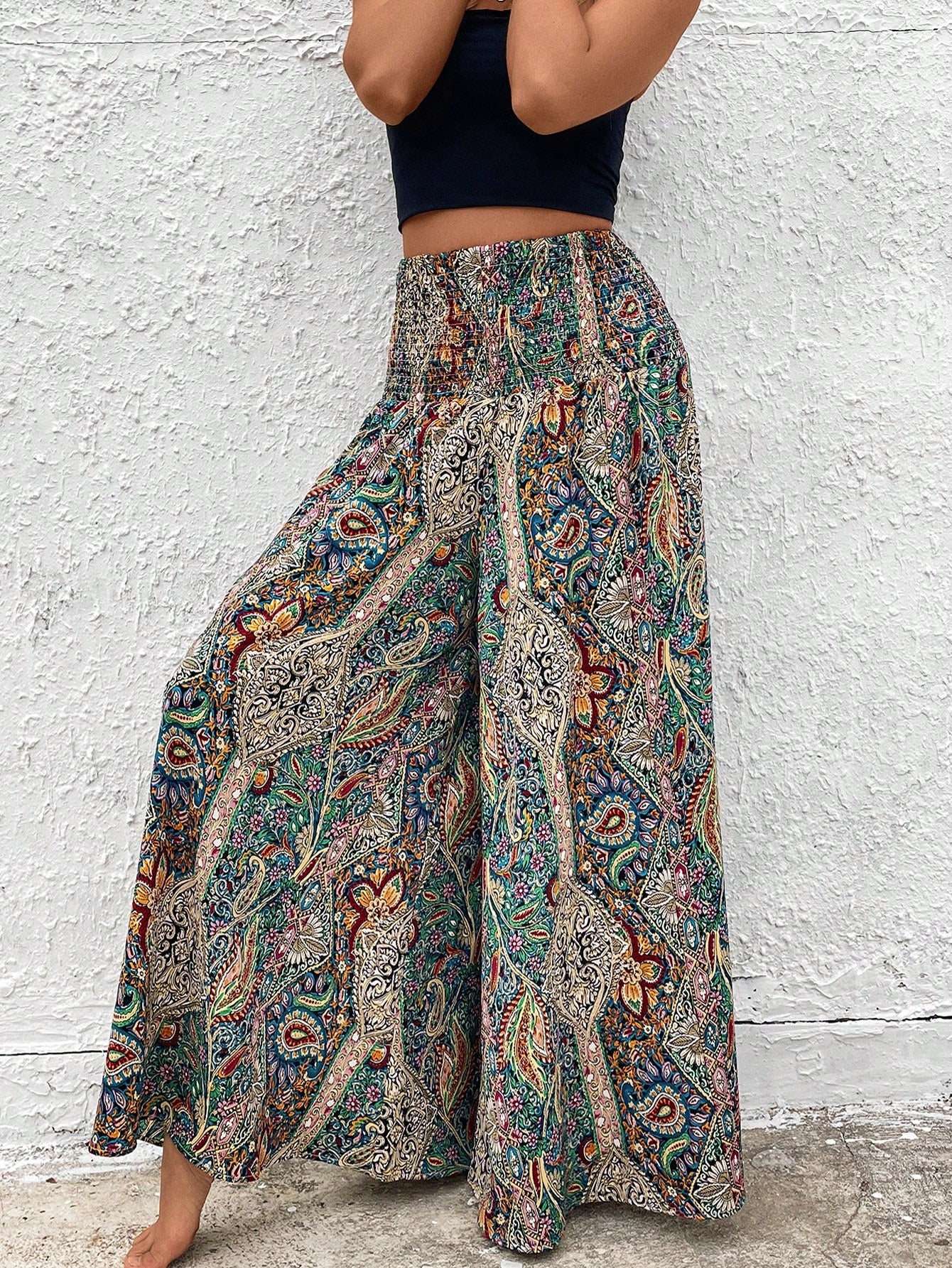 SHEIN PETITE Women's Holiday Cashew Print Loose Wide Leg Trousers