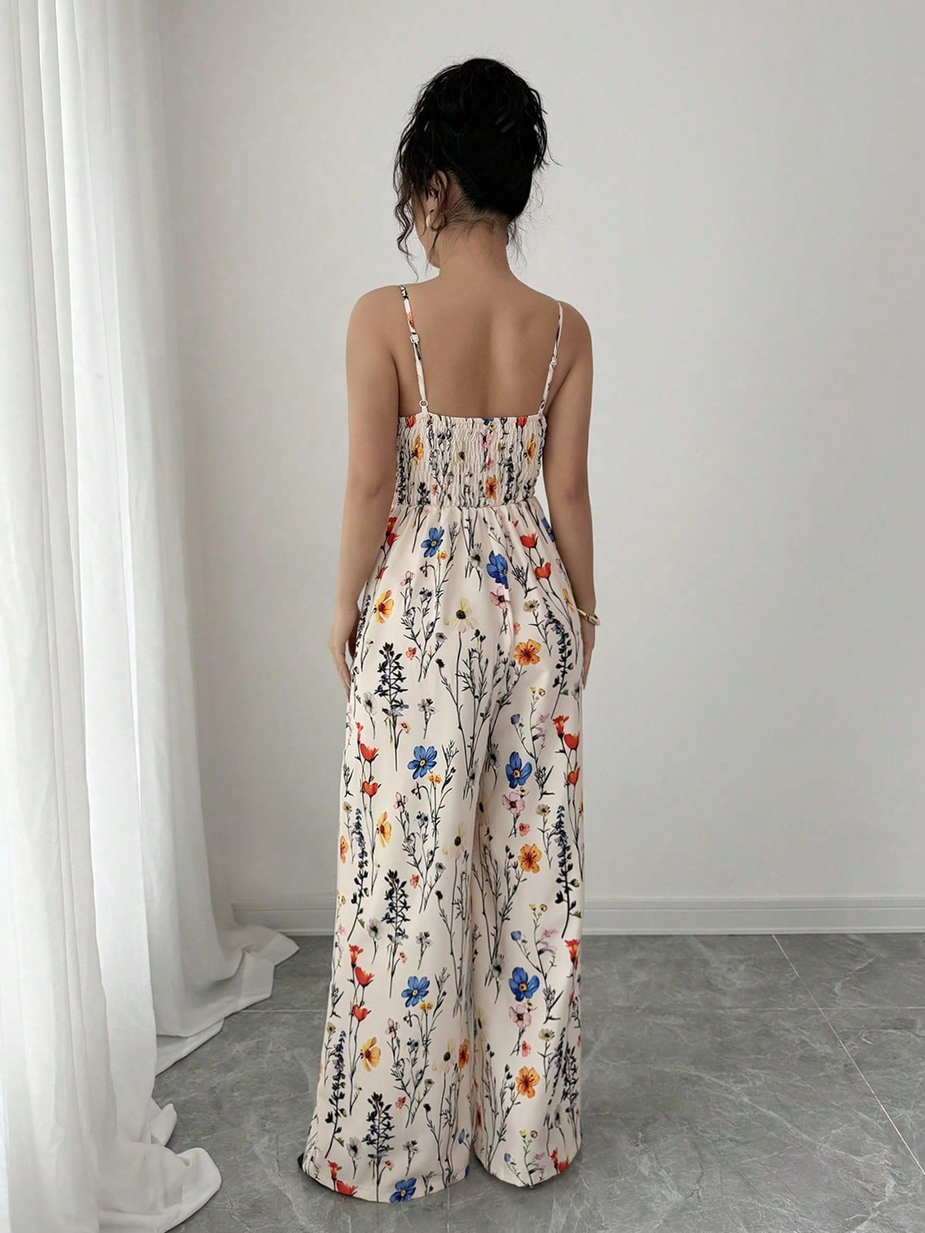 SHEIN PETITE Women's Elegant Floral Print Sleeveless Draped Neck Jumpsuit, Long Wide Leg Design, Spring & Summer