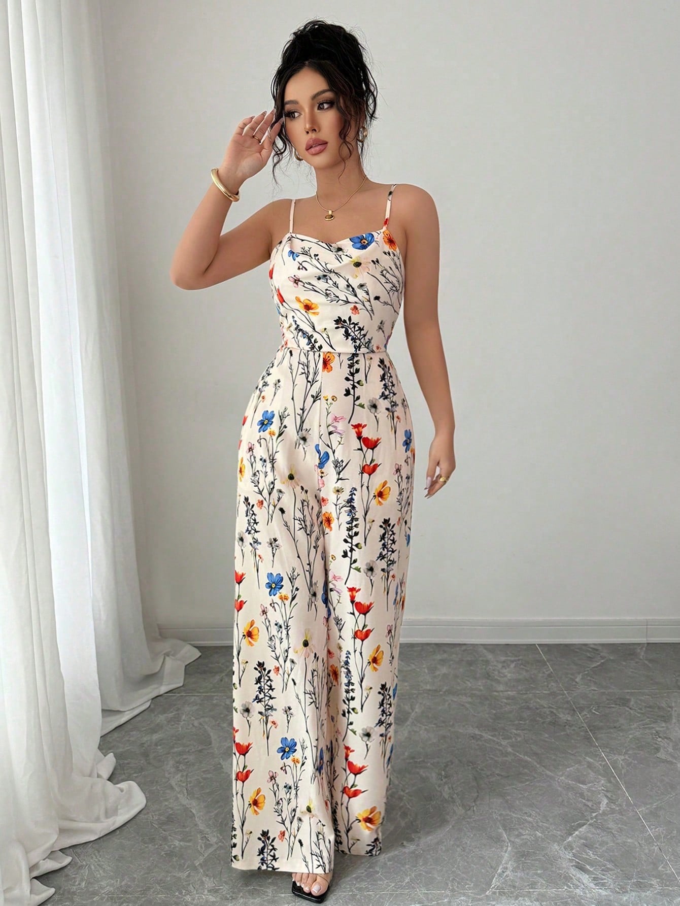 SHEIN PETITE Women's Elegant Floral Print Sleeveless Draped Neck Jumpsuit, Long Wide Leg Design, Spring & Summer