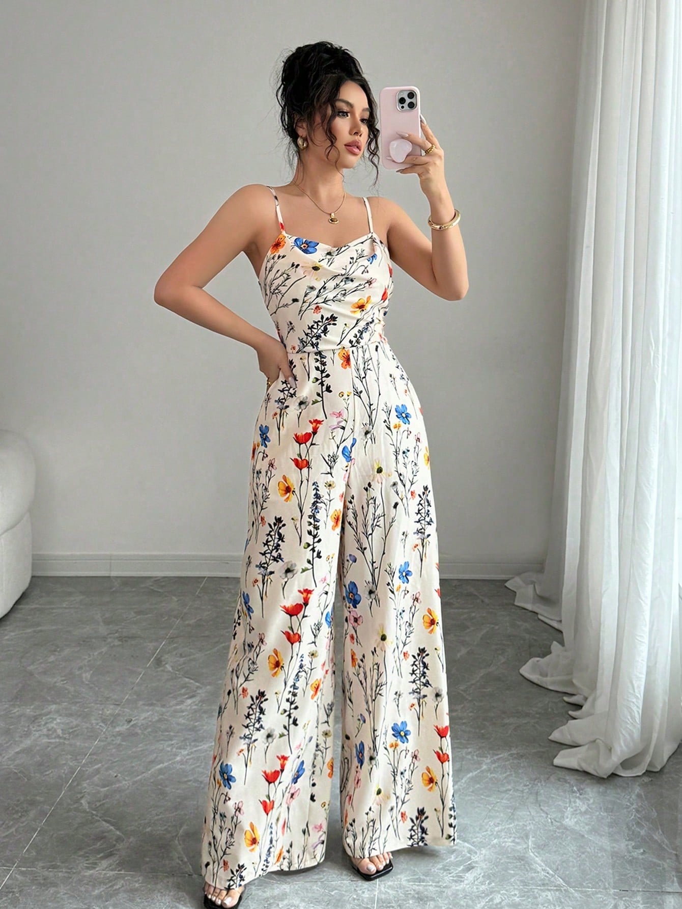 SHEIN PETITE Women's Elegant Floral Print Sleeveless Draped Neck Jumpsuit, Long Wide Leg Design, Spring & Summer
