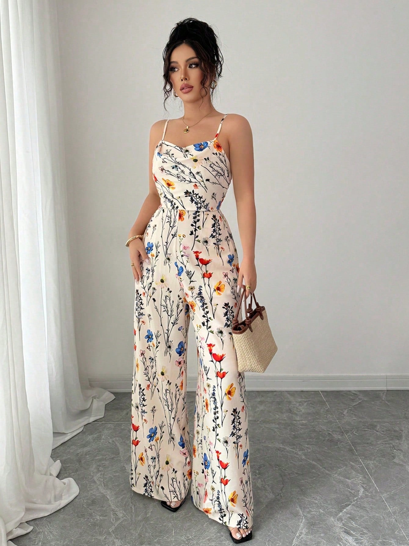 SHEIN PETITE Women's Elegant Floral Print Sleeveless Draped Neck Jumpsuit, Long Wide Leg Design, Spring & Summer