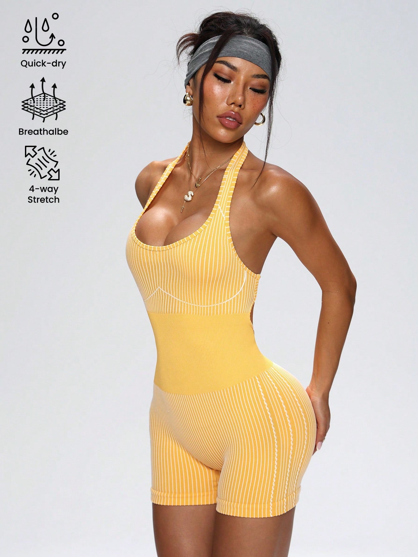 SHEIN Sport Studio Striped Backless Halter Neckline Romper Activewear Shorts