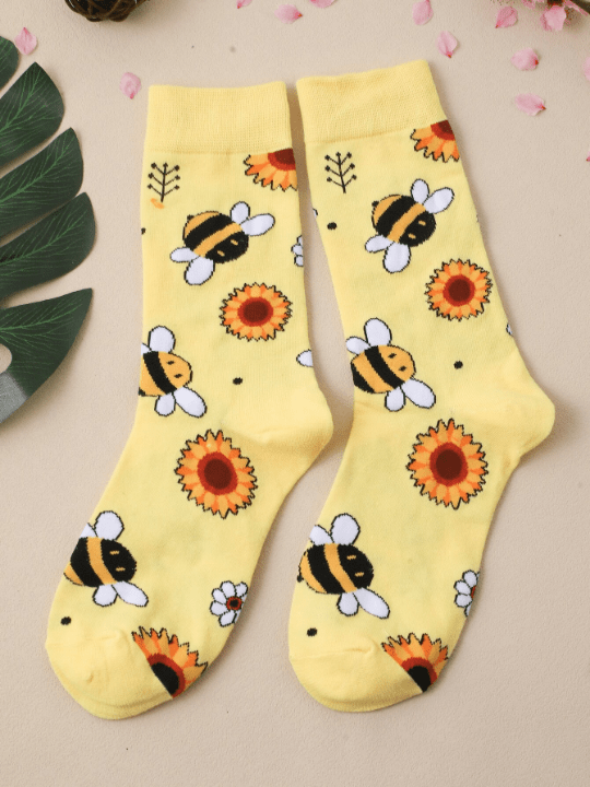1pair Women Cartoon Sunflower & Bee Pattern Cute Crew Socks For Daily Life - Lolli World Marketplace