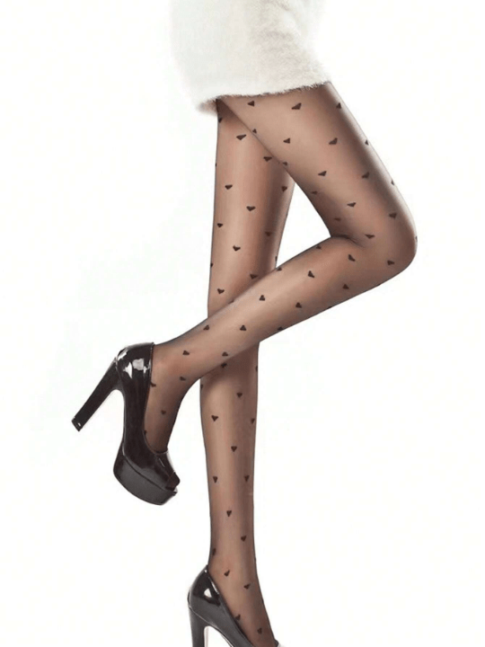 1pair Women Heart Print Casual Tights For Spring And Summer - Lolli World Marketplace