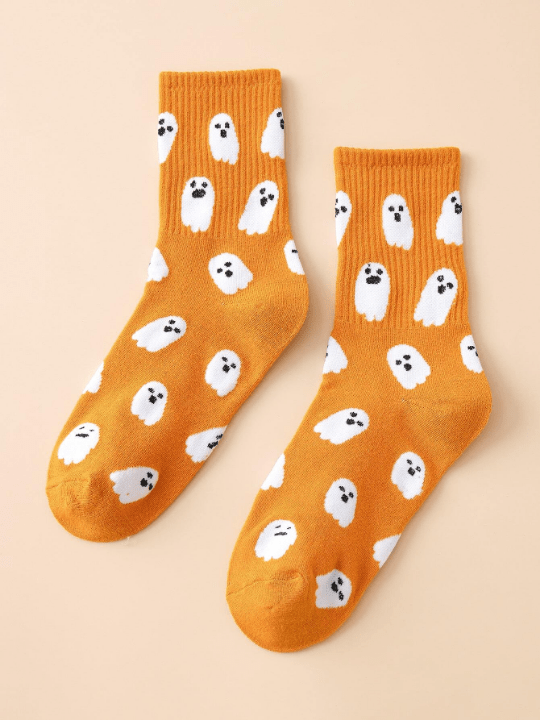 1pair Women's Funny Ghost Pattern Mid - calf Socks - Lolli World Marketplace