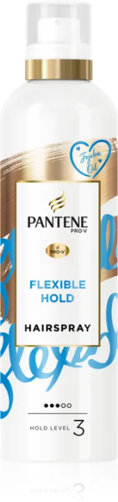 A bottle of Pantene Pro-V Flexible Hold hair spray with a white and gold label, indicating a hold level of 350ml.