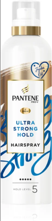 A bottle of Pantene Pro-V Ultra Strong Hold hairspray with a label featuring a blue heart and gold accents.