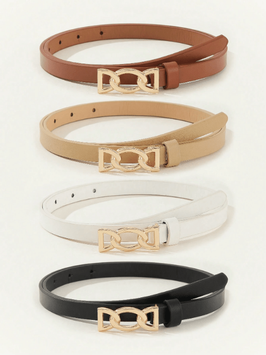 1pc Chain - Like Gold Buckle Black & Khaki Thin Waist Belt For Women's Jeans And Dress, Ideal For Daily Wear Casual - Lolli World Marketplace