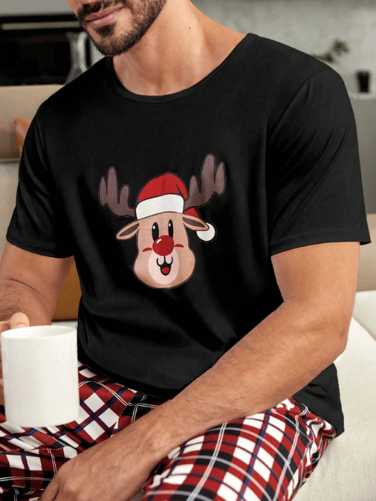 1pc Christmas Print Tee & 1pc Plaid Print Pants Lounge Set - Lolli World Marketplace