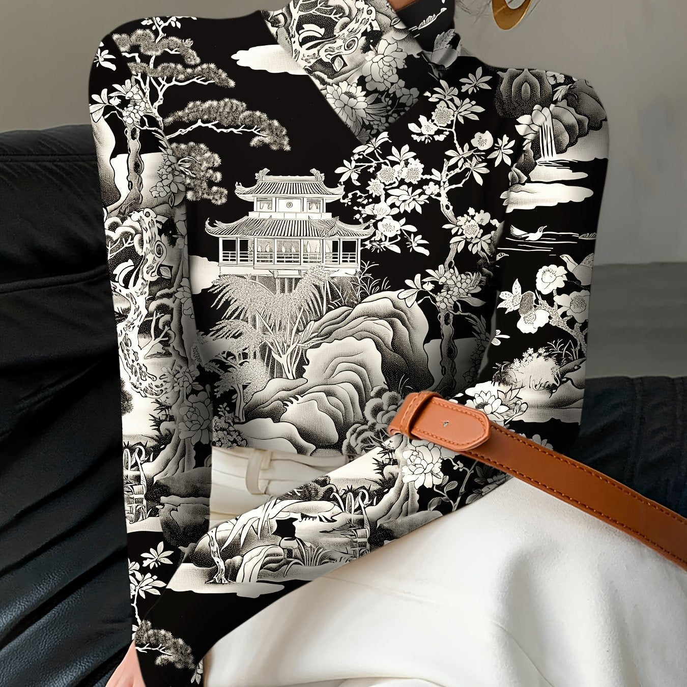 1pc Elegant High Neck Long Sleeve T-Shirt, Sexy Floral Print Knit Polyester Top for Women, Regular Length Fall/Winter Fashion