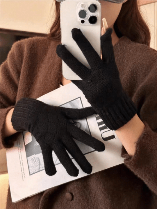 1pc Ladies' Autumn & Winter Warm Knitted Woolen Gloves With Cute Cartoon Design, Half Finger, Touchscreen & Non - slip For Cycling And Mobile Phone Use - Lolli World Marketplace