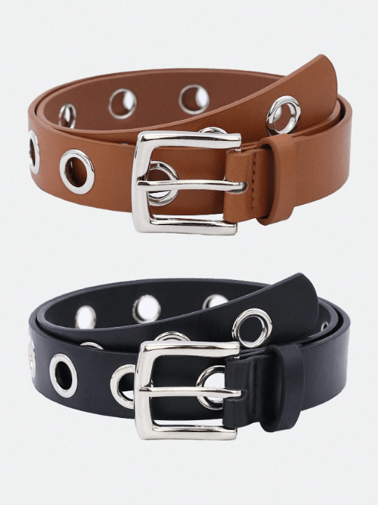 1pc Ladies' Silver Buckle Eyelet Studded Y2k Punk Style Decorative Belt Suitable For Daily Wear - Lolli World Marketplace