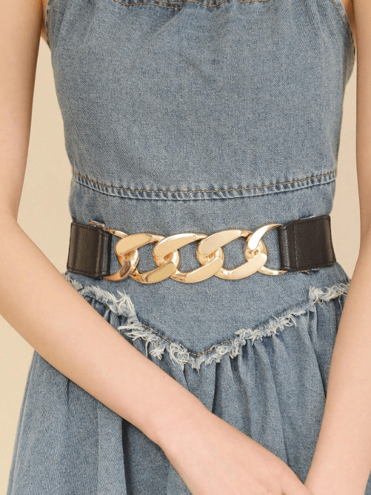 1pc Ladies' Simple Metal Chain & Pu Leather Belt For Dress, Pants, Showing Slim Effect, Fashionable Elastic Stretch Waistband, Suitable For Daily Use - Lolli World Marketplace