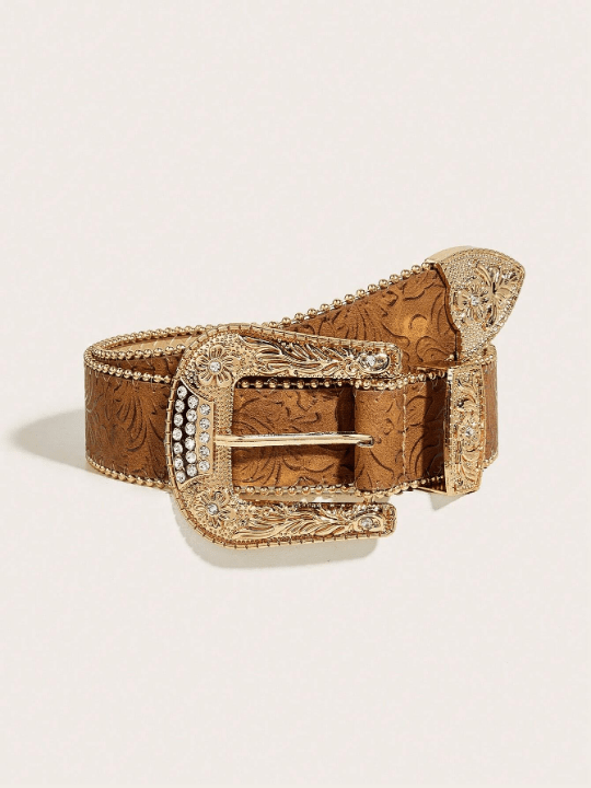 1pc Ladies' Western Cowgirl Style Embossed Floral Pattern Pu Belt With Heavy Duty Carved Buckle, Suitable For Daily Wear Boho - Lolli World Marketplace