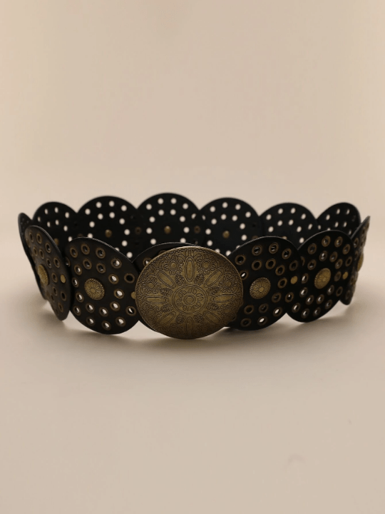 1pc Pu Women's Black Western Style Hollow Out Metal Round Buckle Belt - Lolli World Marketplace