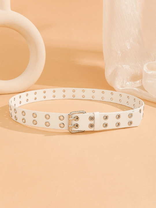 1pc Trendy Unisex White Double Row - Perforated Belt With Buckle, Suitable For Carnival, Valentine's Day, St. Patrick's Day, And Various Festivals Or Party, As A Gift Or For Daily Use - Lolli World Marketplace