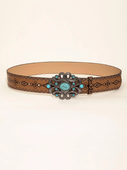 1pc Women Geometric Pattern Rhinestone Decor Western Cowgirl Casual Belt For Daily Life Jeans Pants - Lolli World Marketplace