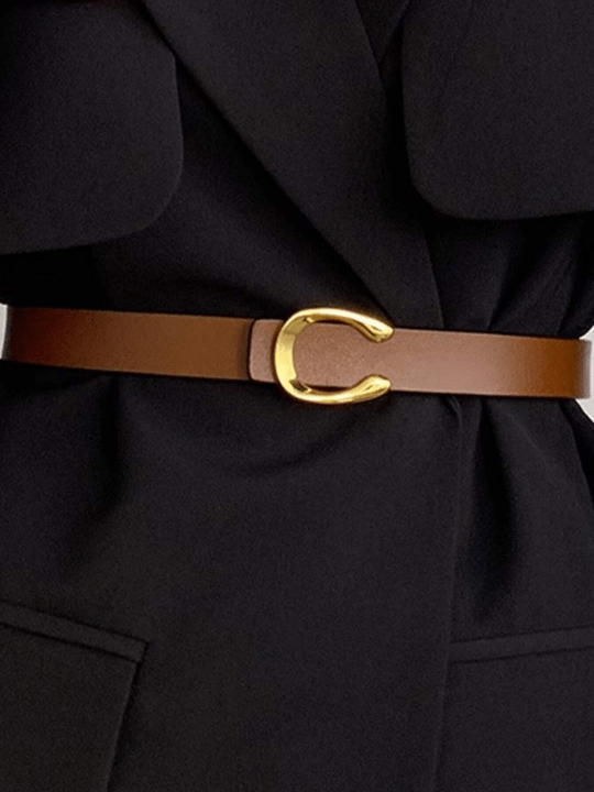 1pc Women's Brown Leather Belt With Gold Alloy Letter Detail Stud Buckle Casual - Lolli World Marketplace