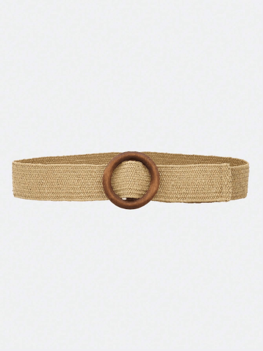1pc Women's Elastic Belt With Circular Wood Buckle, Woven With Pp Straw, Beach Style Dress Waist Decoration - Lolli World Marketplace