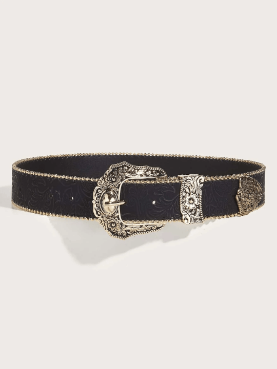 1pc Women's Embossed Western Cowgirl Style Heavy Duty Truck Bead Buckle Fashion Pu Belt For Daily Use - Lolli World Marketplace
