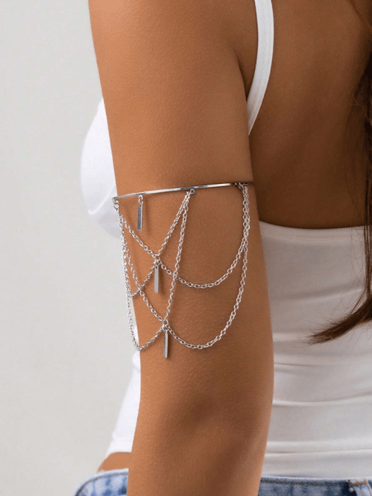 1pc Women's Punk Style Adjustable Arm Chain With Metal Chain & Tassel Design, Vacation & Beach Style Open Bangle Bracelet - Lolli World Marketplace