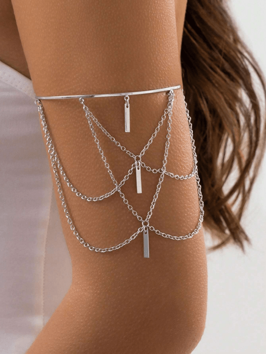 1pc Women's Punk Style Adjustable Arm Chain With Metal Chain & Tassel Design, Vacation & Beach Style Open Bangle Bracelet - Lolli World Marketplace