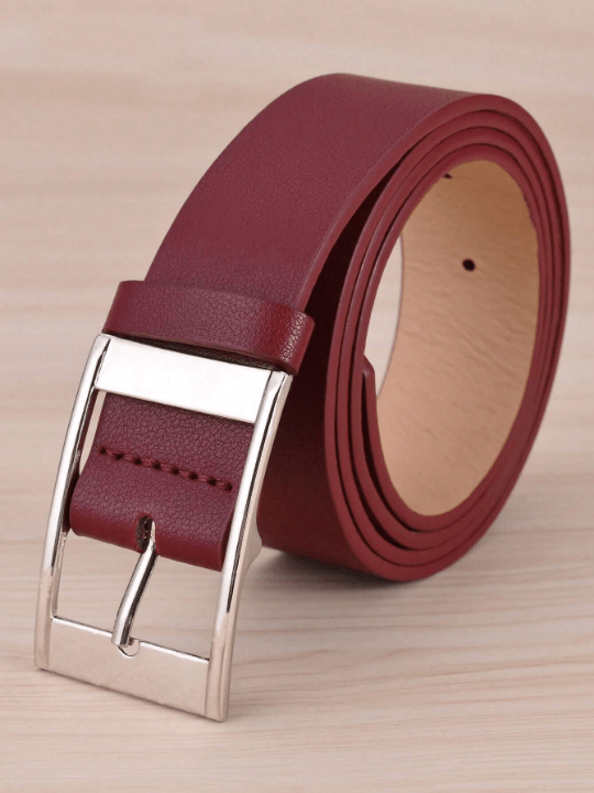 1pc Women's Wine Red Rectangle Buckle Pu Belt, Plus Size For Daily Wear With Extended Length - Lolli World Marketplace