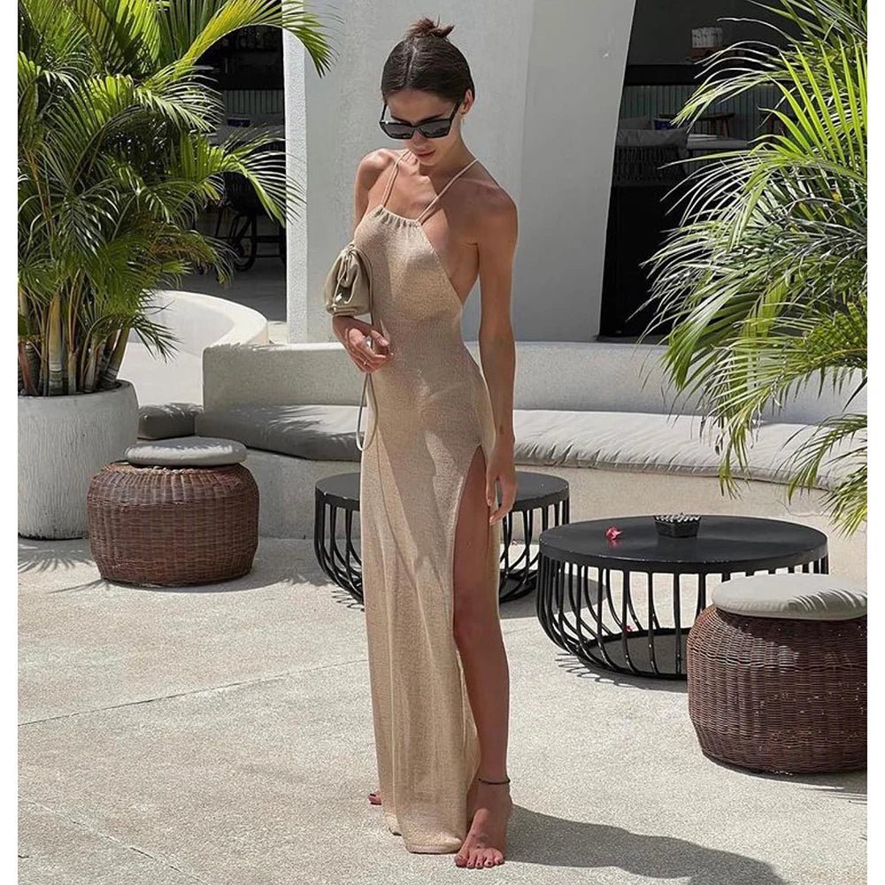2025 Kintted Cover Up Beach Sexy See Through Maxi Slit Bodycon Summer Dress Bikinis Cover - ups Elegant Halter Beachdress