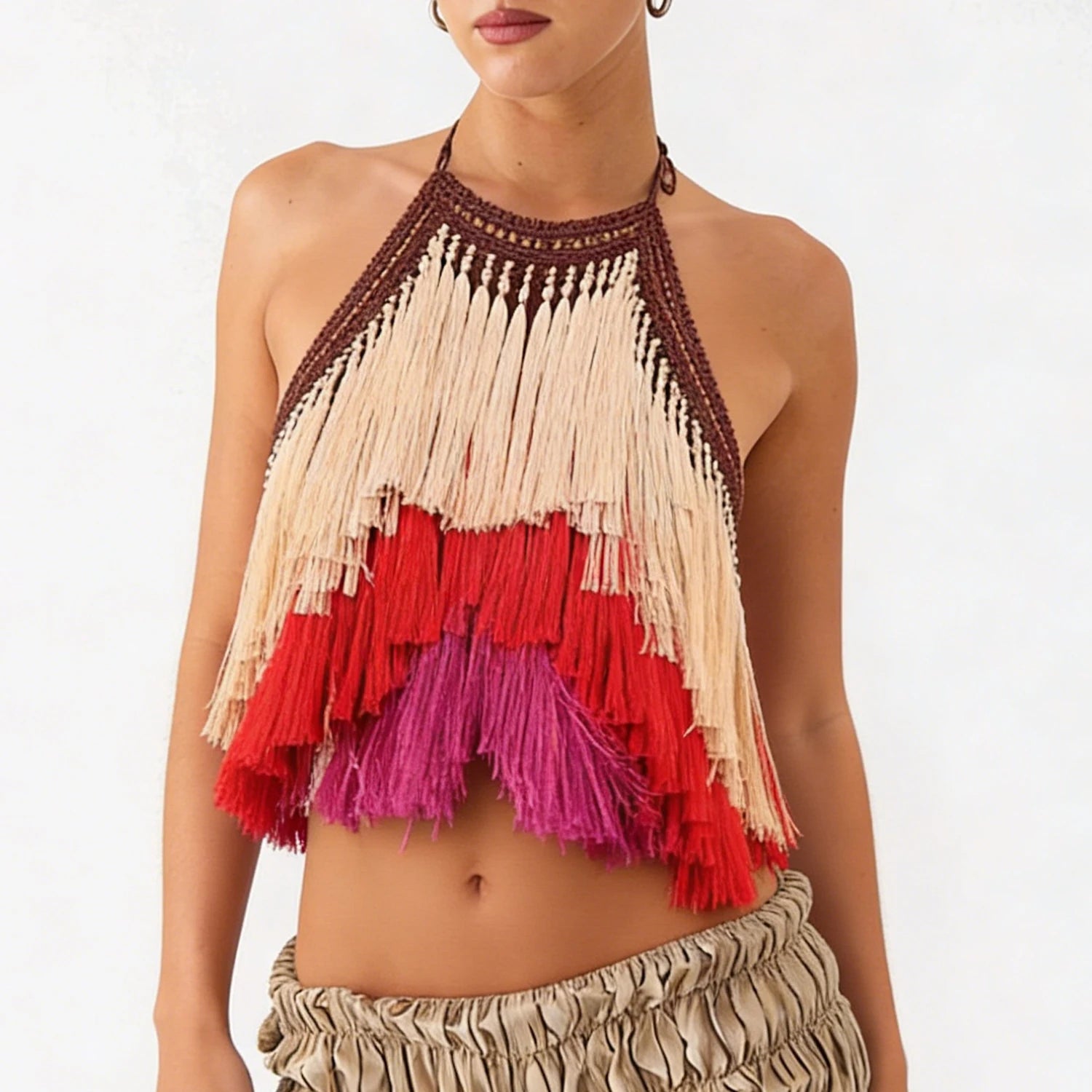 2026 Fashion Women's Knit Halter Tassel Crop Tanks Tops Sexy Backless Boho Sleeveless Tanks Contrast Color Summer Festival Vest