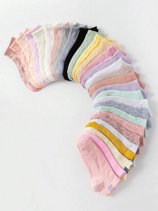20pairs/pack Women's Short Socks, Solid/pattern/lace Edge, Anti - odor, Sweat - absorbent, Casual & Cute & Trendy Ankle Socks For Daily Life, Random Styles - Lolli World Marketplace