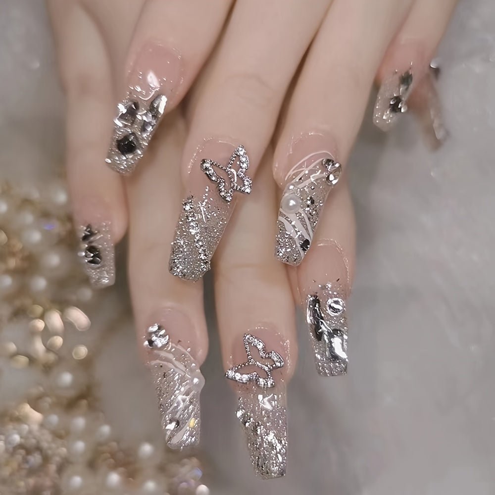 24pcs Handmade Acrylic Press On Nails - Medium Ballerina Almond Shape, Pink Glitter Gradient French Manicure with 3D Butterfly Rhinestones, Glossy False Nails for Weddings Parties Prom, Cute Press On Nails, Party Accessories, Rhinestone Embellishments